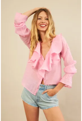 Kadın Pembe Fırfırlı Gömlek DMR487