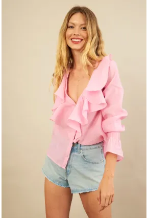 Kadın Pembe Fırfırlı Gömlek DMR487