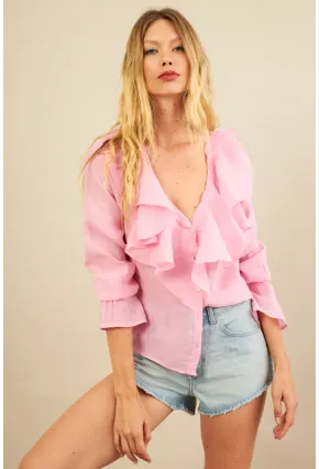 Kadın Pembe Fırfırlı Gömlek DMR487