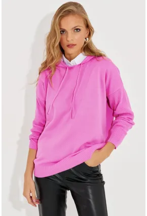 Kadın Pembe Kapüşonlu Cepli Triko Kazak YZ520