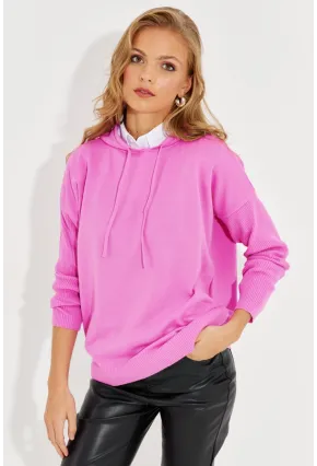 Kadın Pembe Kapüşonlu Cepli Triko Kazak YZ520