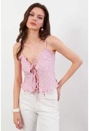 Kadın Pembe Kendinden Desenli Tül Bluz KED7329