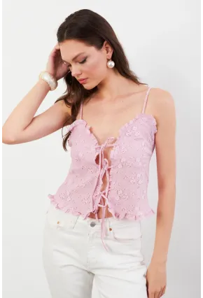 Kadın Pembe Kendinden Desenli Tül Bluz KED7329