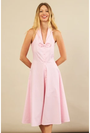 Kadın Pembe Kurdele Detaylı Ekose Gömlek Elbise PSG1014