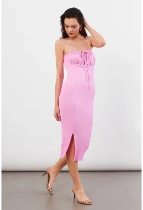Kadın Pembe Önü Bağlamalı Rustik Midi Elbise FRO2001