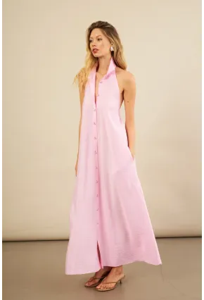 Kadın Pembe Sırtı Açık Maxi Gömlek Elbise ELN3132