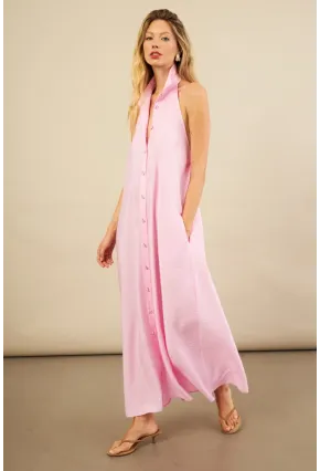 Kadın Pembe Sırtı Açık Maxi Gömlek Elbise ELN3132