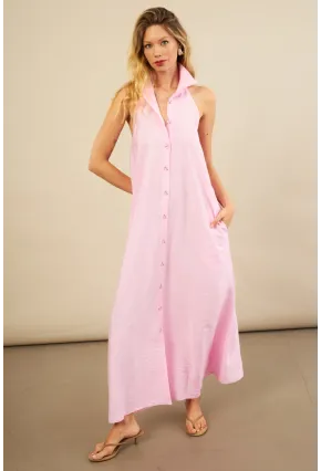 Kadın Pembe Sırtı Açık Maxi Gömlek Elbise ELN3132