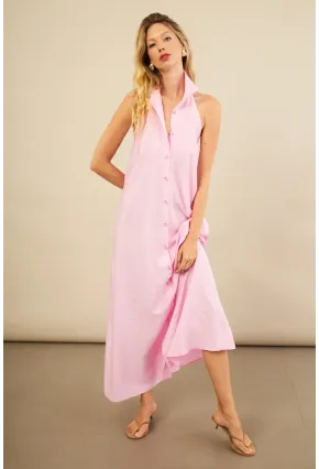 Kadın Pembe Sırtı Açık Maxi Gömlek Elbise ELN3132