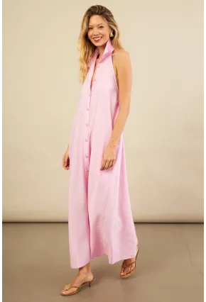 Kadın Pembe Sırtı Açık Maxi Gömlek Elbise ELN3132