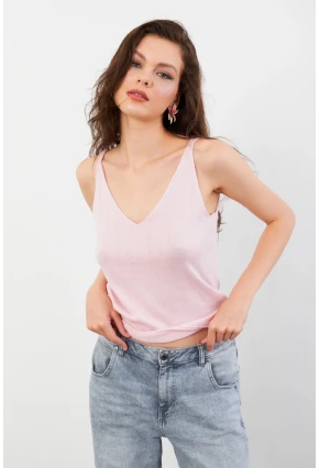 Kadın Pembe V Yaka Triko Bluz KZ546
