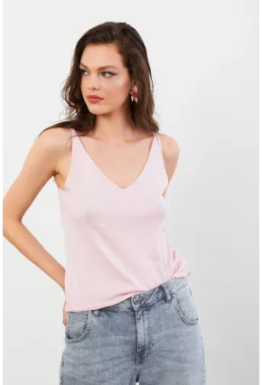 Kadın Pembe V Yaka Triko Bluz KZ546