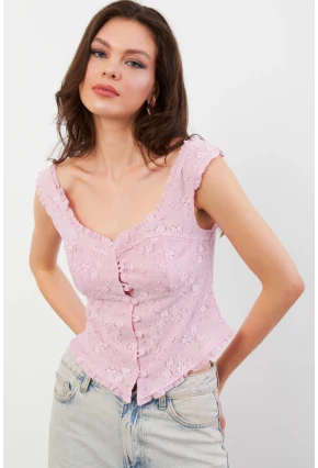Kadın Pembe Volanlı Düğmeli Bluz KED7324