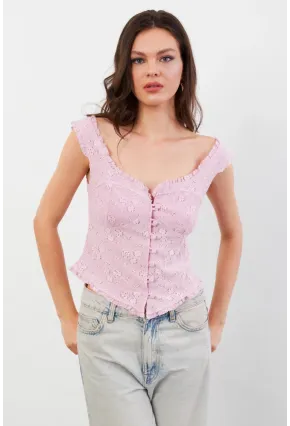 Kadın Pembe Volanlı Düğmeli Bluz KED7324