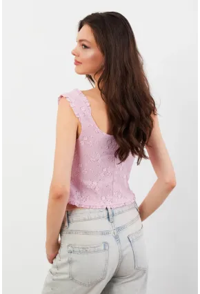 Kadın Pembe Volanlı Düğmeli Bluz KED7324