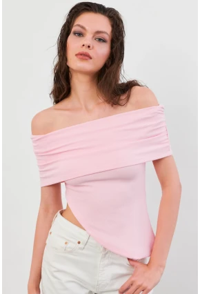 Kadın Pudra Asimetrik Madonna Yaka Bluz OPS4251