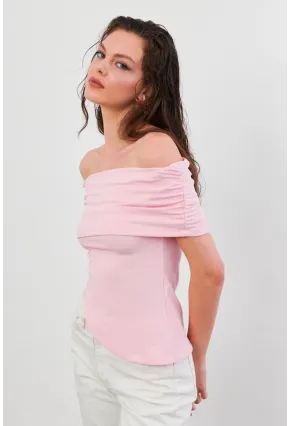Kadın Pudra Asimetrik Madonna Yaka Bluz OPS4251