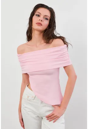 Kadın Pudra Asimetrik Madonna Yaka Bluz OPS4251