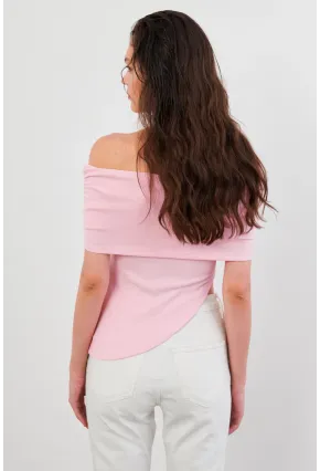 Kadın Pudra Asimetrik Madonna Yaka Bluz OPS4251