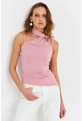 Kadın Pudra Fularlı Asimetrik Bluz HOR0079