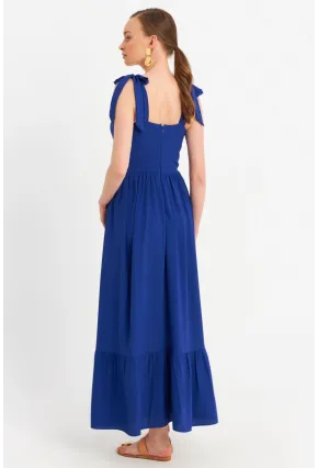 Kadın Saks Pileli Maxi Elbise ERL100