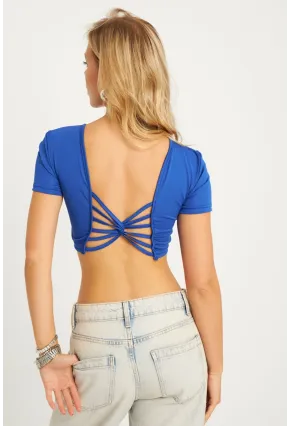 Kadın Saks Sırtı Açık Crop Bluz CG358