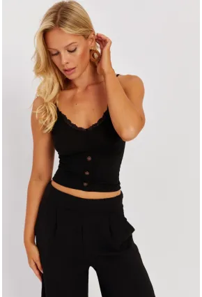 Kadın Saks-Siyah Askılı Dantelli Bluz MK07