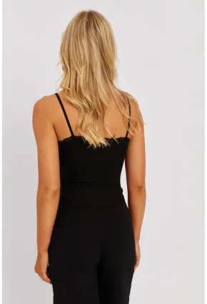 Kadın Saks-Siyah Askılı Dantelli Bluz MK07