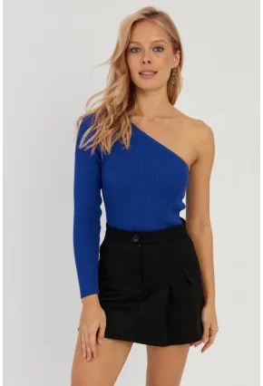 Kadın Saks Tek Omuz Triko Bluz YV204