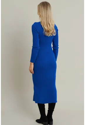 Kadın Saks V Yaka Triko Midi Elbise MYİL560