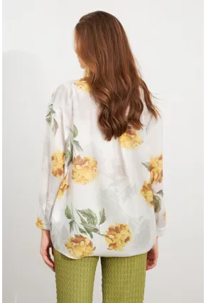 Kadın Sarı Çiçek Desenli İnce Keten Gömlek MCAR1068