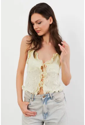 Kadın Sarı Kendinden Desenli Tül Bluz KED7329