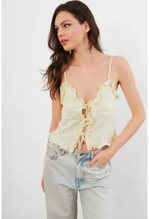 Kadın Sarı Kendinden Desenli Tül Bluz KED7329