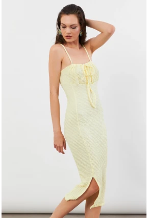 Kadın Sarı Önü Bağlamalı Rustik Midi Elbise FRO2001