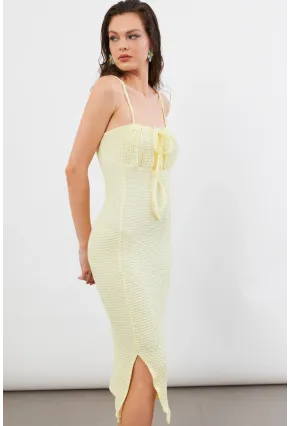 Kadın Sarı Önü Bağlamalı Rustik Midi Elbise FRO2001