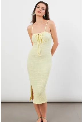 Kadın Sarı Önü Bağlamalı Rustik Midi Elbise FRO2001