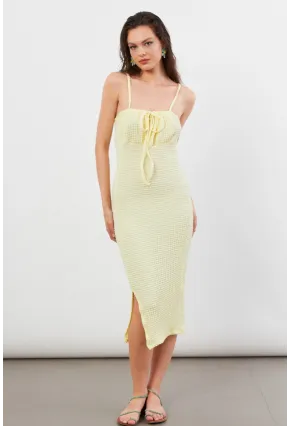 Kadın Sarı Önü Bağlamalı Rustik Midi Elbise FRO2001