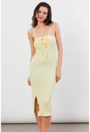 Kadın Sarı Önü Bağlamalı Rustik Midi Elbise FRO2001