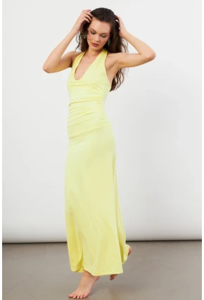 Kadın Sarı Sırtı Açık Boyun Bağlamalı Maxi Elbise DCF061