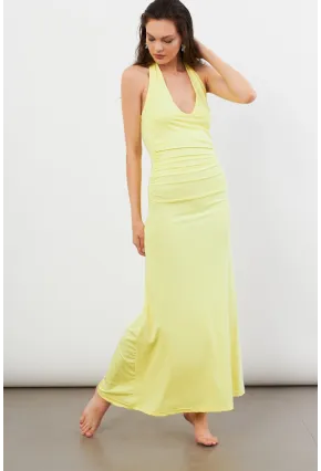 Kadın Sarı Sırtı Açık Boyun Bağlamalı Maxi Elbise DCF061