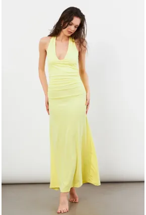 Kadın Sarı Sırtı Açık Boyun Bağlamalı Maxi Elbise DCF061
