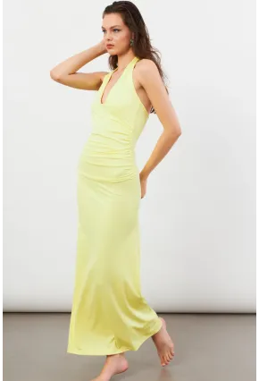 Kadın Sarı Sırtı Açık Boyun Bağlamalı Maxi Elbise DCF061