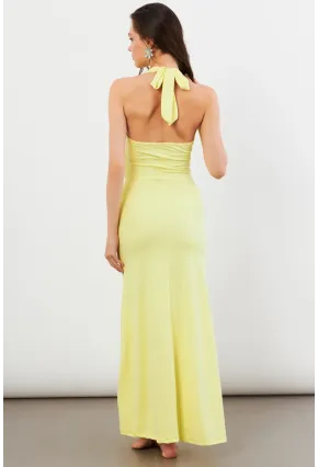 Kadın Sarı Sırtı Açık Boyun Bağlamalı Maxi Elbise DCF061