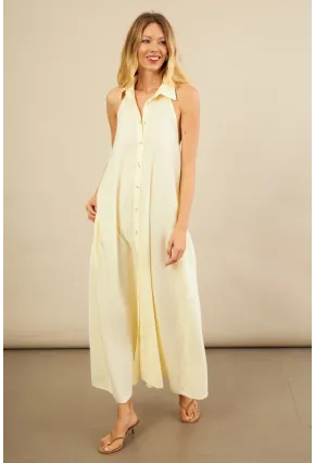 Kadın Sarı Sırtı Açık Maxi Gömlek Elbise ELN3132