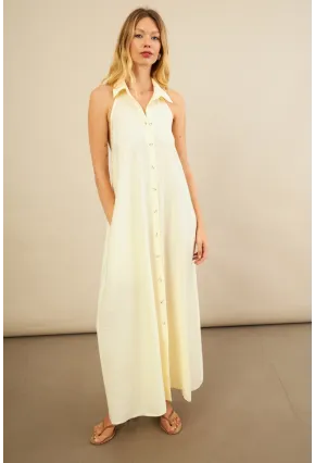 Kadın Sarı Sırtı Açık Maxi Gömlek Elbise ELN3132