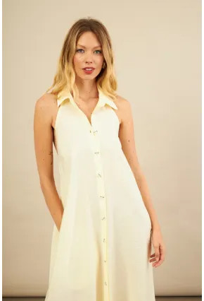 Kadın Sarı Sırtı Açık Maxi Gömlek Elbise ELN3132
