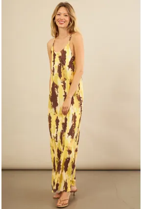 Kadın Sarı Sırtı Çapraz Desenli Maxi Elbise KZ1528