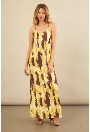 Kadın Sarı Sırtı Çapraz Desenli Maxi Elbise KZ1528