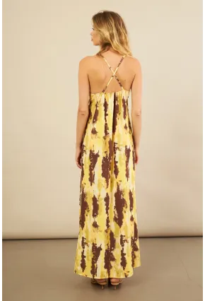 Kadın Sarı Sırtı Çapraz Desenli Maxi Elbise KZ1528