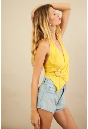 Kadın Sarı Tokalı Asimetrik Crop Bluz AN8134